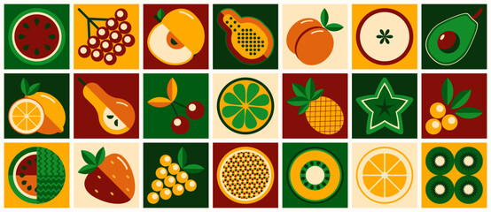 Spring fruits mosaic pattern. Scandinavian geometric style. Eco agriculture concept. Abstraction.	
