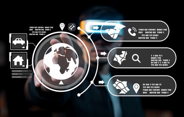 Innovative digital interface for smart technology with virtual globe and data analysis representation in a modern urban environment