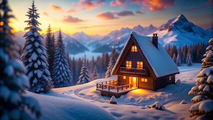 Fototapeta premium Cozy A-Frame Cabin in Snowy Mountain Valley at Dusk - 3D Render