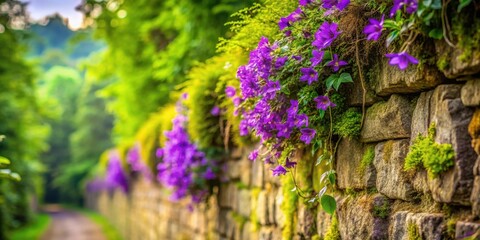 Obraz premium Vibrant purple blossoms cascade down a moss-covered stone wall, creating a picturesque natural scene along a tranquil pathway.