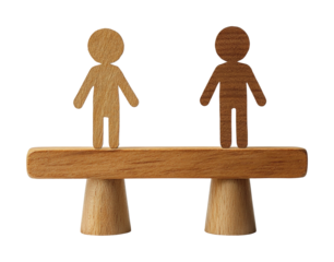 Balancing male and female gender symbols wooden beam equality concept minimalist design studio view