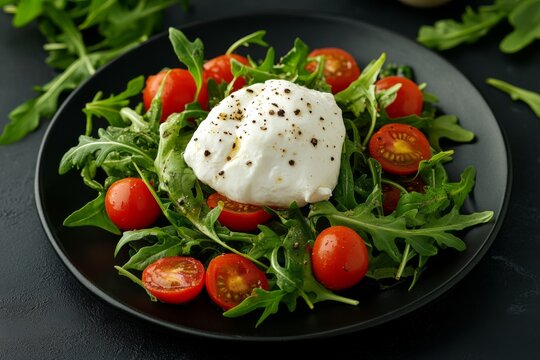 Caprese tomato mozzarella salad with olive oil, arugula in modern ceramic plate. Fresh green basil leaves, cherry tomatoes and burrata cheese. Healthy fresh italian salad on a dark gray concrete table
