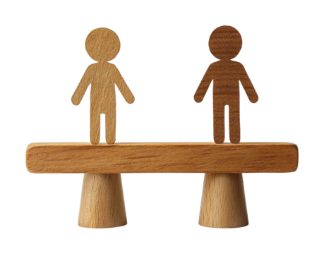 Balancing male and female gender symbols wooden beam equality concept minimalist design studio view