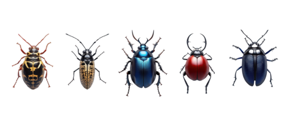 A detailed illustration of five distinct beetles showcasing vibrant colors and patterns. transparent background