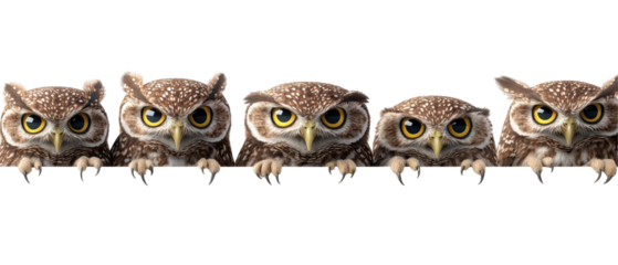 A group of adorable owls peering curiously from a wooden fence. transparent background