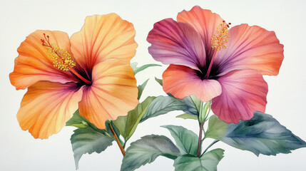 Vibrant hibiscus flowers in orange and purple hues, showcasing delicate petals and lush green leaves, evoke sense of tropical beauty and tranquility