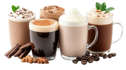 A variety of delicious coffee beverages displayed in attractive cups. transparent background