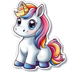 Charming Cartoon Unicorn with a Rainbow Mane and Tail Sitting Comfortably on a White Background