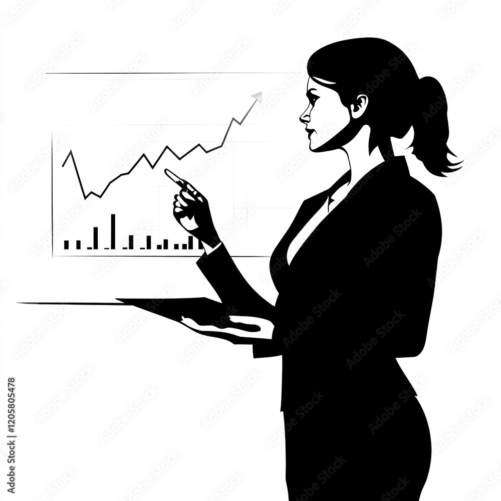 Poster woman in a suit is pointing at a graph on a computer screen