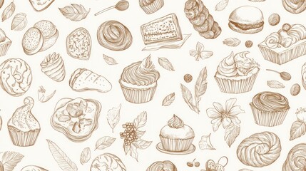 Bakery shop pattern; sketched pastries, floral background; website design