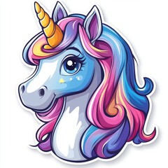 Charming cartoon unicorn head with colorful mane and golden horn isolated on a white background