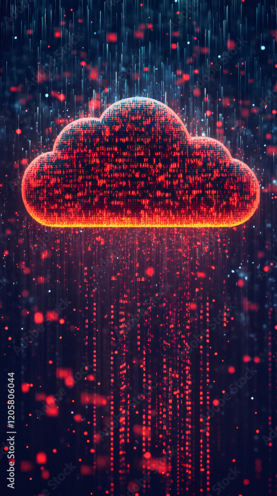 Fototapete cloud computing transferring data as digital rain in a dark cyberspace, with red and blue lines of c