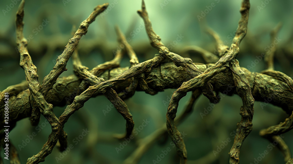Poster macro composition of intricate tangled vines intertwined in a natural setting