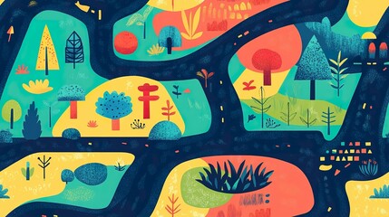 Abstract Colorful Landscape With Winding Road And Trees