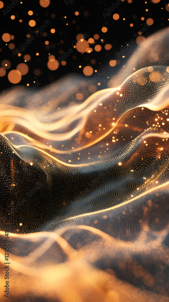Poster golden particles flowing and creating a wavy shape with a bokeh effect on a dark background