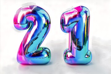 Colorful Metallic Balloon Numbers  Twenty-One 21 on white background. Birthday. Celebrating