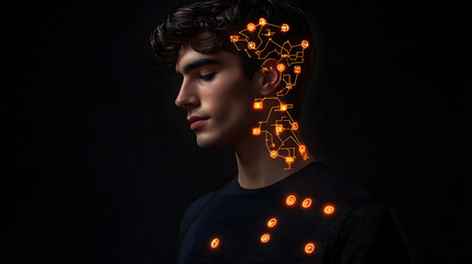 
illustration of a digital brain with glowing icons Representing artificial intelligence and neural networks, symbolizing the integration of technology with human thought