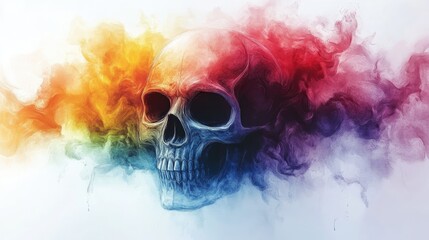 Colorful skull illustration with vibrant smoke swirling around, creating a surreal and artistic effect