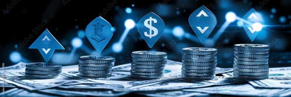 Poster sophisticated financial design with subtle coin icons and upward arrows for professional branding