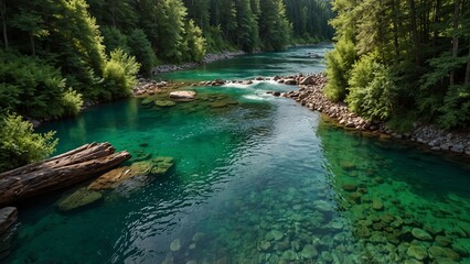 Flowing River Through Dense Forest with Crystal Clear Water and Vibrant Green Surroundings"