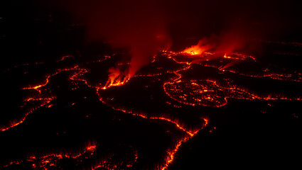 Aerial Night View Intense Wildfire Burning Forest Landscape Red Flames Inferno Disaster Emergency Blaze Destruction hot heat dark smoke black image danger