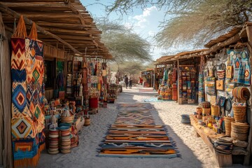 Traditional arabic market stalls selling colorful rugs and textiles in the desert