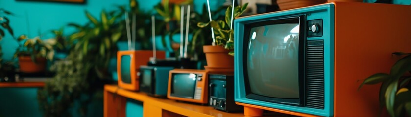 A vibrant scene showcasing retro televisions amid lush green plants, blending vintage technology with nature's tranquility.