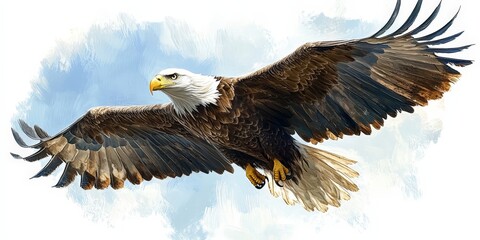 Obraz premium A majestic bald eagle soaring mid-flight over a lush forest under clear blue skies. Captures freedom and strength, perfect for nature or patriotic themes.