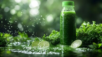 A green bottle of juice with lime slices on top