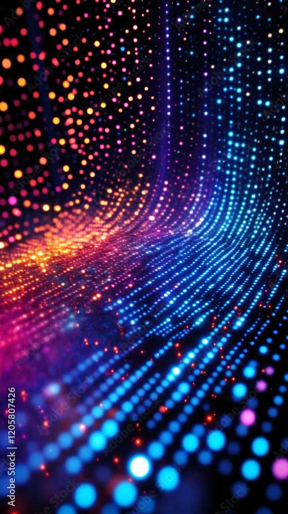 Poster flowing digital particles generating dynamic, colorful wave patterns swirling across dark, luminous 