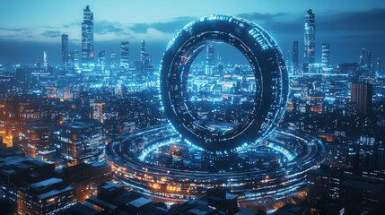 A futuristic cityscape with a massive glowing circular structure at the center, sleek buildings and towers rising in the background, illuminated in soft blue light, smooth and polished surfaces, sci-f