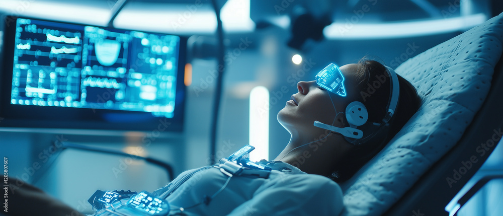 Aufkleber patient is using wearable health device while lying on medical bed, surrounded by futuristic technology and digital screens displaying data