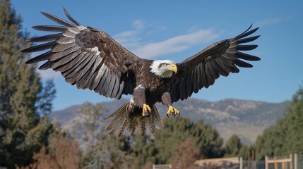 Obraz premium A majestic bald eagle soaring mid-flight over a lush forest under clear blue skies. Captures freedom and strength, perfect for nature or patriotic themes.