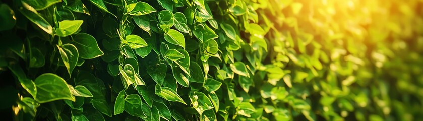 Fototapeta premium A vibrant display of lush green leaves basking in sunlight, creating a serene and refreshing ambiance in a natural setting.