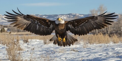Obraz premium A majestic bald eagle soaring mid-flight over a lush forest under clear blue skies. Captures freedom and strength, perfect for nature or patriotic themes.