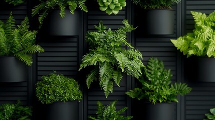 Fototapeta premium A vibrant assortment of lush green plants in black pots, showcasing a variety of textures and shapes, perfect for home decor.