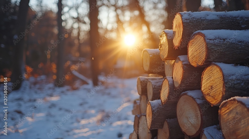 Poster logs stacked in a snowy forest at sunset create a warm, inviting scene