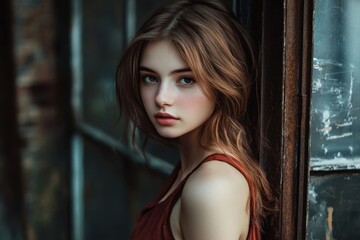 Fototapeta premium Young woman posing gracefully near a rustic window in soft natural light