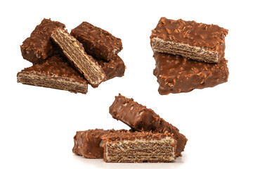 Chocolate coconut wafer bar isolated on white background.