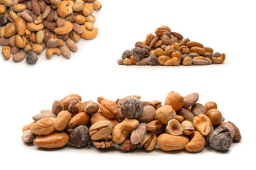 A group of almonds, pistachios, walnuts, macadamia, cashews.