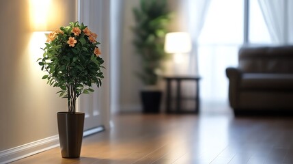 A vibrant potted plant with orange flowers enhances the warmth of a cozy living space, inviting serenity and beauty indoors.