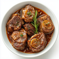 Top view of a juicy Ossobuco, Braised Veal on bowl, The white bowl is perfectly are arranged neatly, all captured against a pure white background 