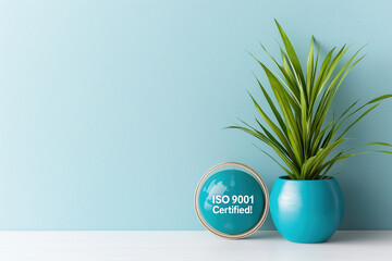 A plant is in a blue pot next to an ISO 9001 certified sign. Guarantees of Quality: Proven performance, every time