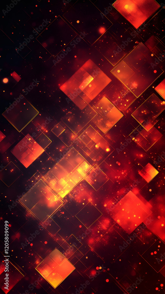 Poster glowing squares overlapping on dark red background creating technological and futuristic atmosphere