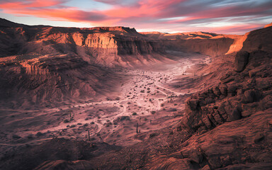 Naklejka premium Deep red and orange canyon walls glow in fading light, while the dry riverbed and cacti add texture. Vastness and quiet isolation underscore the ancient beauty of the land