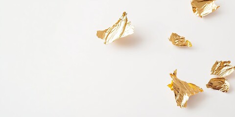 Pieces of abstract golden foil on white background. scattered crumpled golden foil top view perspective, glamorous wallpaper