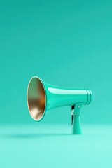 minimalist cartoon megaphone icon with holographic gradient colors transitioning from gold to teal in sleek 3d emoji