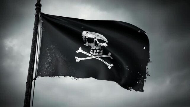 Weathered pirate flag flutters ominously against a stormy sky at twilight