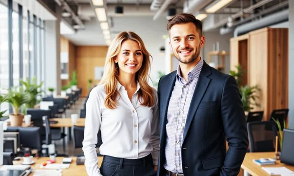 two business people smiling on the office