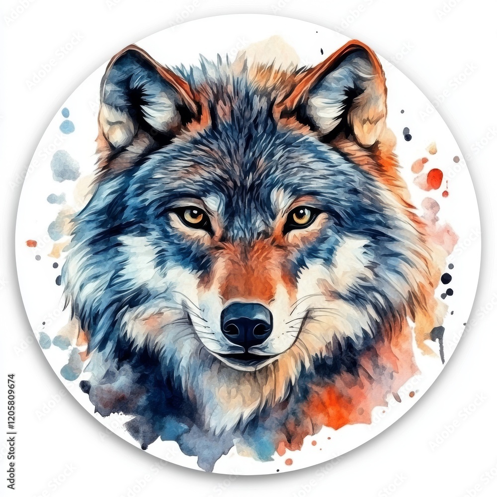 Poster watercolor wolf portrait with expressive brushstrokes and splattered paint effect in a circular form